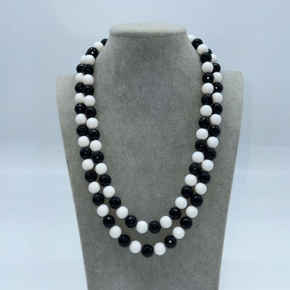 250. Vintage West Germany Double Strand Black & White Beaded Necklace